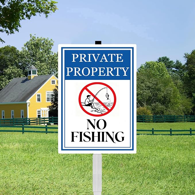 Private Property No Fishing Yard Sign With Stakes Do Not Fish Warning Signs Reflective Rustproof Aluminium Pool Lake Stand Outdoor 8X12 IN