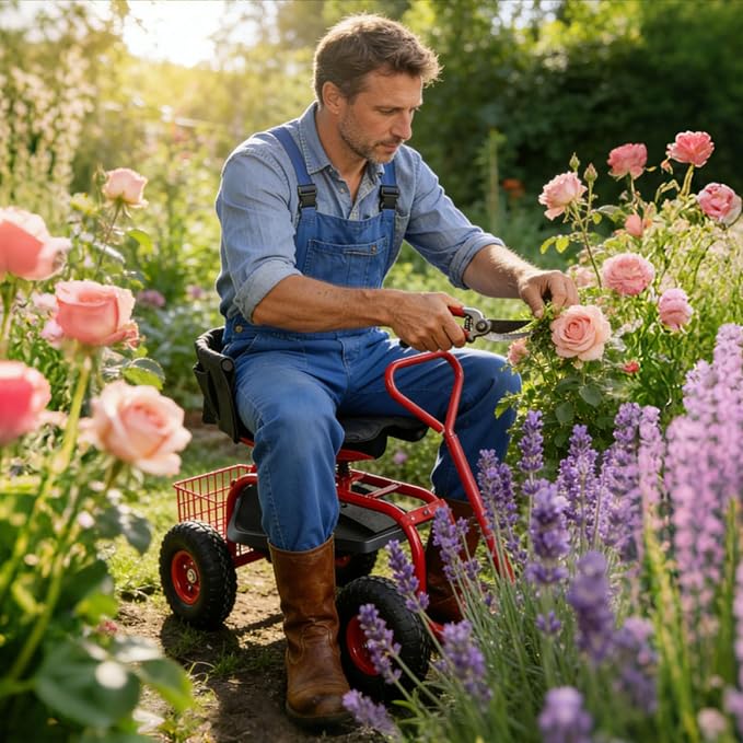 Rolling Garden Cart - Outdoor Workseat with Seat Cushions and Wheels, Heavy Duty Garden Tool Cart with Storage Bracket and Tool Tray for Yard, Planting Gardening Work (Red)