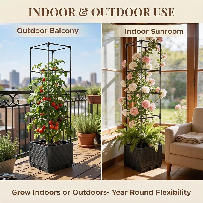 2 Pack Tomato Planter with Trellis 56 Inch, Self Watering Planter Box with Trellis, Vertical Raised Garden Bed Planter for Climbing Vegetables Indoor Outdoor Patio