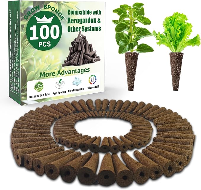 100 Pack Grow Sponges, Seed Starter Sponges Compatible with AeroGarden, Refill Seed Pods Replacements Root Growth Sponges for Indoor Hydroponic System, Brown, SP-100