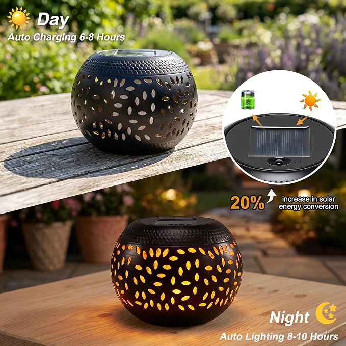 Solar Table Lantern Outdoor Waterproof-Dancing Flickering Flame Solar Powered LED Light,Black Metal Desktop Decorative Lamp for Gifts for Women Mom Desk Patio Garden Yard Decor
