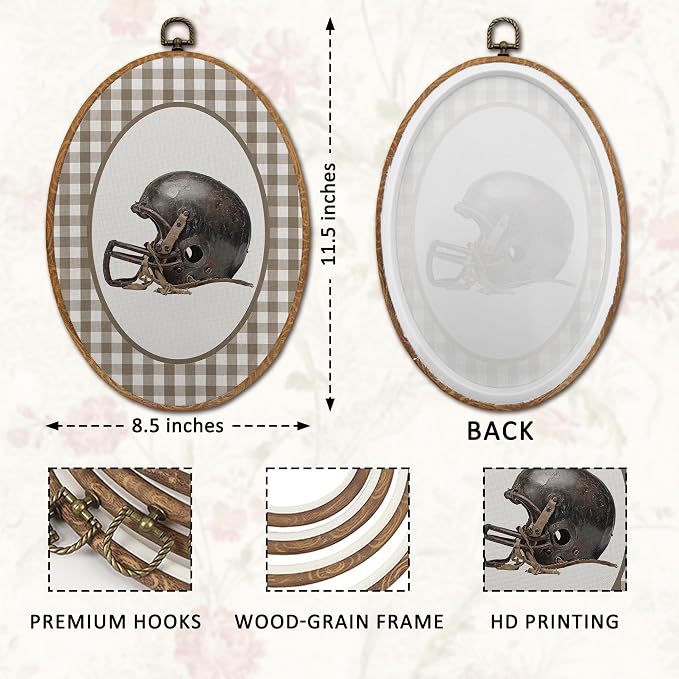 DOFQZ Vintage Football Oval Wall Art Decor, Sports Nursery Framed Wall Art, Boho Plaid Football Helmet Walls Hanging Decor for Boys Room Bedroom Playroom Sports Room, 8.5x11.5 Inch