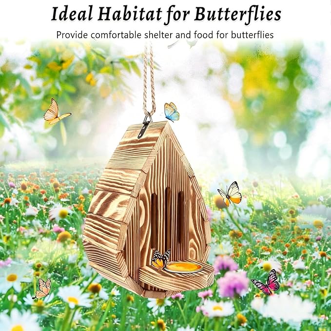 Butterfly House, Natural Wooden Bee Hotel for Garden, Hangable Teardrop Butterfly House for Garden, Weather Resistant Teardrop Butterflies Feeder, for Backyard & Balcony Decor
