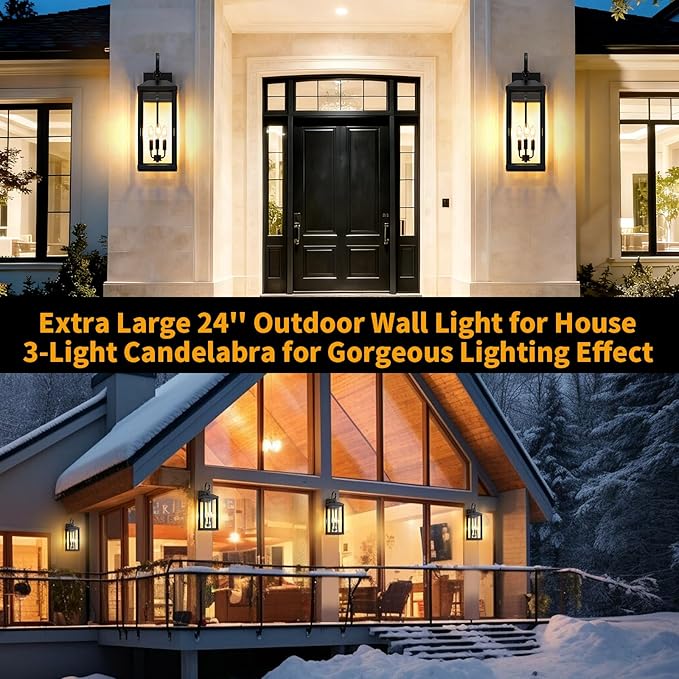 24Inch Extra Large Outdoor Sconce Light 1-Pack, Waterproof Oversized Outdoor Porch Light for House with Tempered Glass, Modern Black Exterior Lighting Fixture, Outside Coach Light for Garage