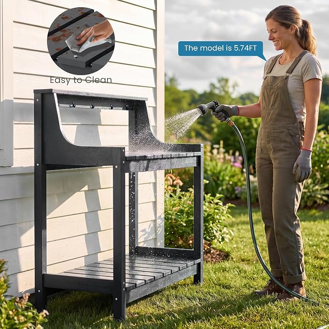 Garden Potting Bench for Outside, HDPE Outdoor Potting Table with Storage Shelves & Tool Hooks, All Weather Planting Workstation for Patio Backyard Garden (Gray)