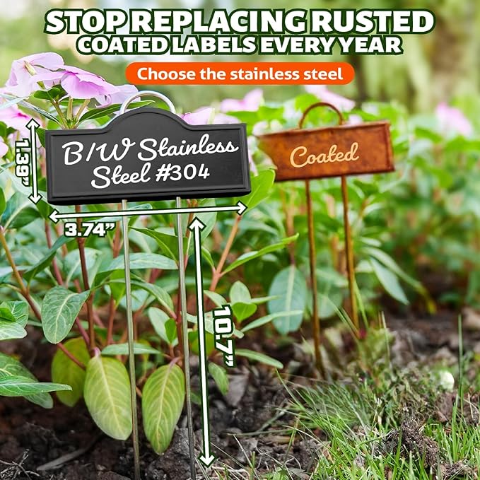 Metal Plant Labels Stainless Steel 304, Weatherproof Garden Label Tall Markers 25 Pack for Outdoor Plants Vegetables Herb Seedlings Flowers with a Pen, Label Area 3.74'' x 1.39'' Height 10.75 Inch