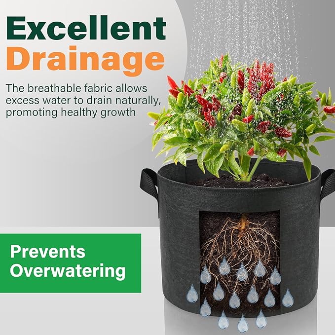 LotFancy 5-Pack 10 Gallon Grow Bags, 300G Thickened Nonwoven Aeration Fabric Pots with Reinforced Handles, Heavy Duty Gardening Planter Containers for Vegetables Flowers Fruits, Black