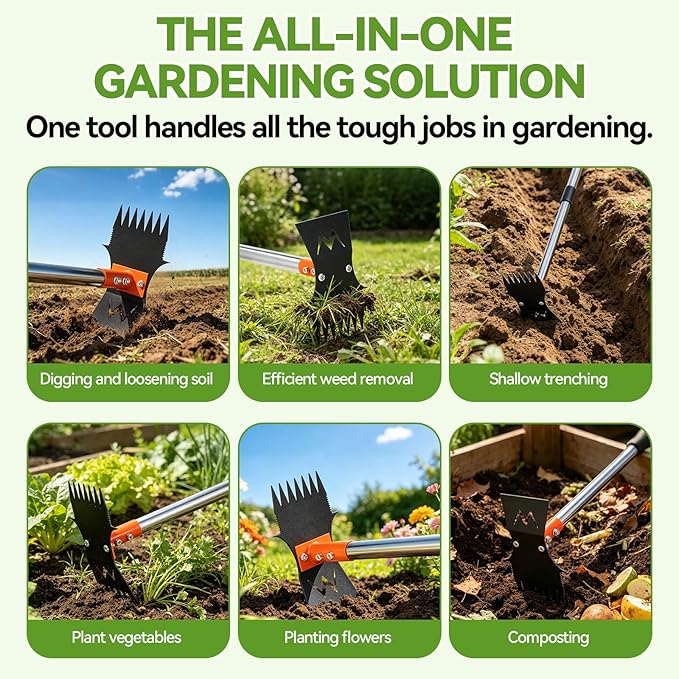 Weed Puller Tool with Long Handle, 60" Stand Up Manual Weed Remover Tool, 7-Tine Heavy Duty 2-in-1 Weed Rake&Garden Hoe for Gardening, Uprooting Weeding Pull Tool for Yard Lawn Patio Garden Flower Bed