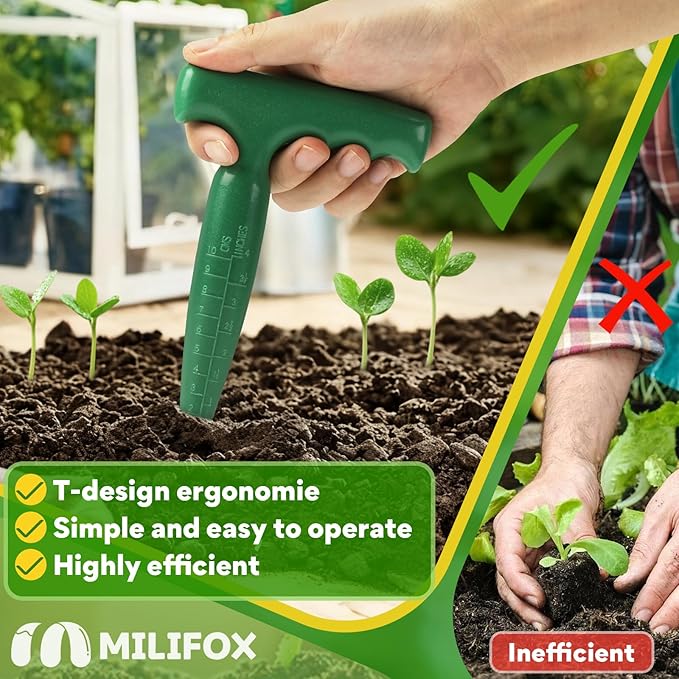 Seed Planter Tool, T-Handle Seed Dibber with Scale, Seed Spreader Tool with 5 Adjustable Holes, Dibbler Gardening Tool for Trays, Raised Bed, Balcony Garden (Dark Green 2PCS)