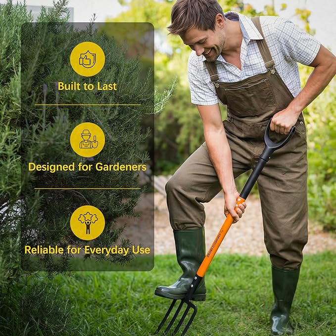 Pitch Fork for Garden, 4-Tines Garden Fork, 45-Inch Spading Fork, Heavy Duty Compost Digging Fork with Steel Handle and Enhanced D-handle, Orange