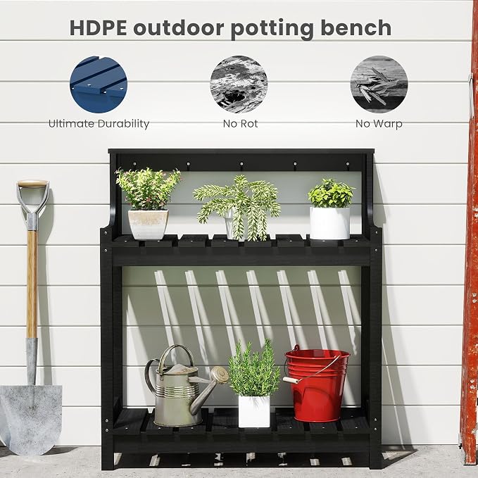 Garden Potting Bench for Outside, HDPE Outdoor Potting Table with Storage Shelves & Tool Hooks, All Weather Planting Workstation for Patio Backyard Garden (Black)