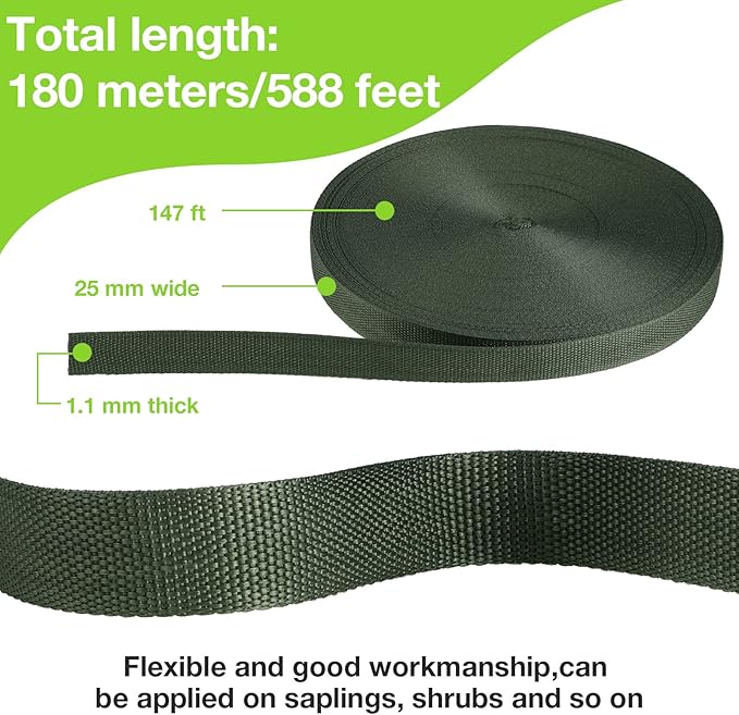 Shappy Tree Tie Strap Garden Webbing Strap Garden Plant Supports Tree Tie Staking and Guying for Outdoor Use, Plant Supports, Grafting, Straightening Supplies(Dark Green,590.55 Feet x 1 Inch)