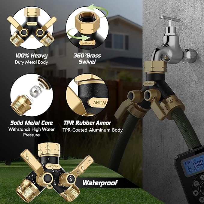 Hose Splitter 2 Way Heavy Duty, Garden Hose Splitter- Full Metal Body Y Type with Dual Shut Off Valves, 3/4" Standard Threads, Leak-Proof Dual Outlet Splitter for Sprinklers and Irrigation Systems
