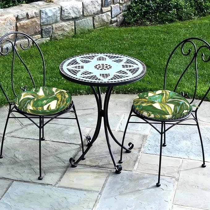 DYTXIII Set of 2 Outdoor Round Chair Cushions 15"x15"x4" with Ties, Water Repellent Tufted Bistro Seat Cushions, Thick Patio Chair Pads for Bar Stool, Garden & Dining Furniture - Lush Leaf Jungle