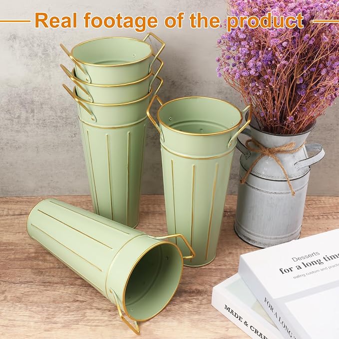 10 PCS 9 Inch Tall Galvanized Flower Buckets, Metal Flower Vase, Rustic Farmhouse French Flower Buckets with Handles for Wedding, Home Décor(Green)