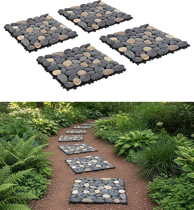 jxgzyy 4 Pcs Interlocking Stepping Stones Outdoor for Garden, 11.8" Square Pavers for Landscaping, Outside Pebble River Stone Mat for Yard Lawn Patio Pathway Walkway