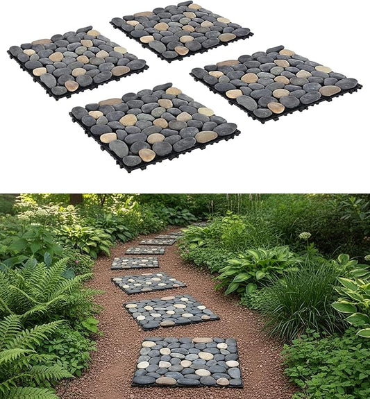 jxgzyy 4 Pcs Interlocking Stepping Stones Outdoor for Garden, 11.8" Square Pavers for Landscaping, Outside Pebble River Stone Mat for Yard Lawn Patio Pathway Walkway