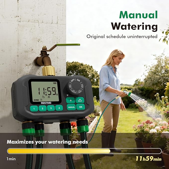 RESTMO Remote Control Brass Sprinkler Timer for Outdoor Hose Faucet 4 Zone, Max 11h59m Programmable Water Timer for Soaker Hose, Misting with Large Dial, Rain Delay/Manual/Automatic Irrigation System