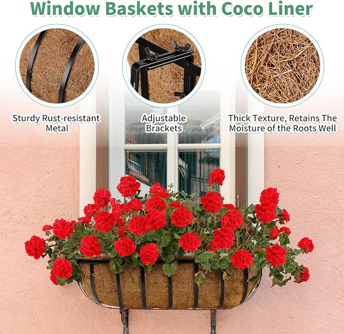 Tessco for you 6 Pieces Railing Planter Boxes, 24 Inches Window Box Planters with Coco Liner and Adjustable Brackets for Deck Porch Fence Patio Balcony Gardening Outdoor Plants