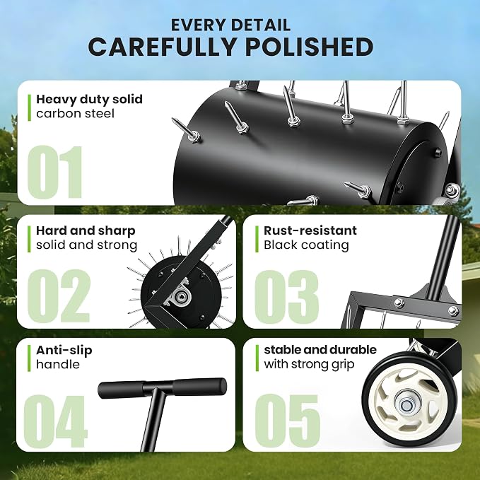 Rolling Lawn Aerator, Heavy Duty Spike Aerator Tool for Lawn & Yard, Manual Push Soil Aerator with Wheels for Garden Lawn Care, Grass Root Growth & Soil Aeration