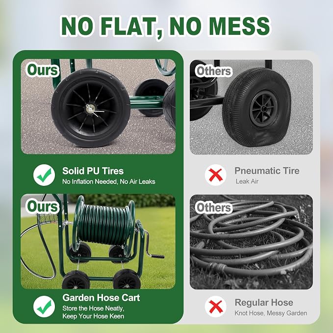 Outvita Garden Hose Reel Cart, Heavy Duty Water Hose Cart for Outside, Lawn Watering, for Garden, Yard, Lawn, Farm, Hold Up to 300 ft of 5/8’’ Hose, 4 Wheels, Storage Basket (Green)