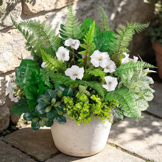 Hrobek Outdoor Faux Plants UV Resistant - 8 Bouquets Realistic Artificial Eucalyptus Fern Morning Glory Greenery for Patio Garden Front Porch Decor Weatherproof Fake Plants for Outside