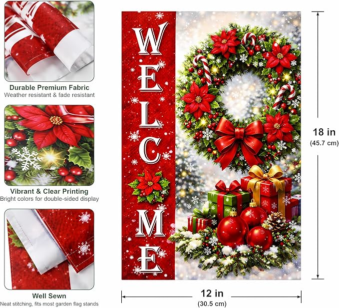 Christmas Decorations - Xmas Wreath Welcome Garden Flag | Christmas Party Decor Favors Supplies for Outdoor Outside - Red Wreath Double Sided Backdrop Banner for Garden Porch Patio Lawn Yard