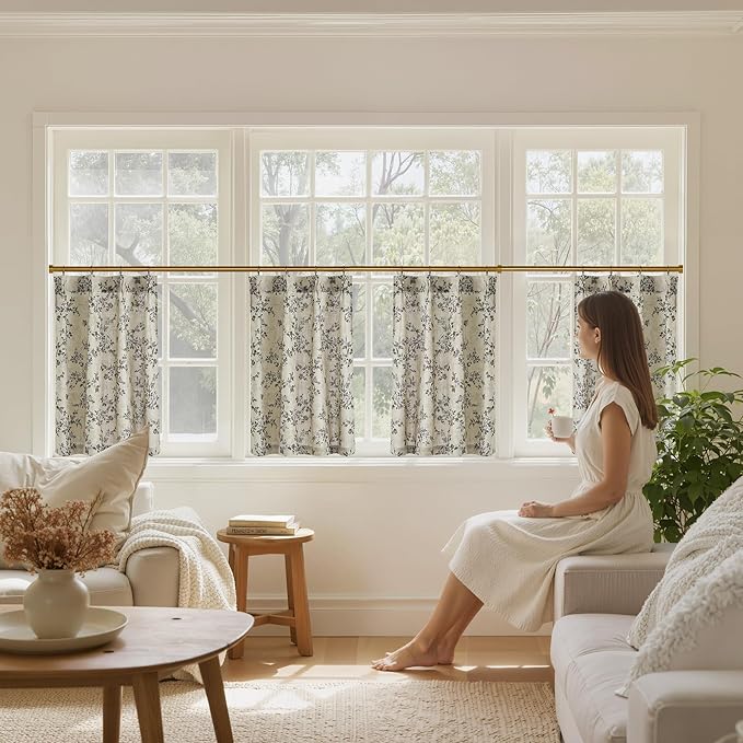 StangH Cottage Pinch Pleat Cafe Curtains, Floral Pattern with Natural Linen Window Tiers, Light Filtering Privacy Farmhouse Cabinet Drapes for Kitchen/Laundry Room, W26 x L30, Porcelain, 2 Panels