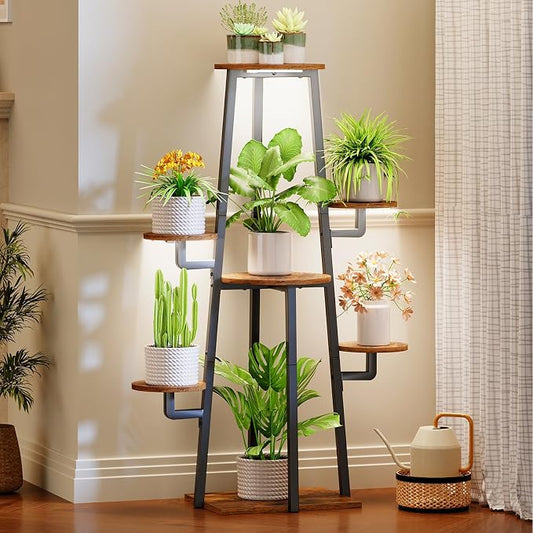 HOOBRO Plant Stand Indoor with Grow Lights, 7-Tier Plant Shelf for Multiple Indoor Plants, 47.2” Corner Plant Stand Organizer with Metal Frame, for Living Room, Balcony, Patio, Rustic Brown BF04DHJ01