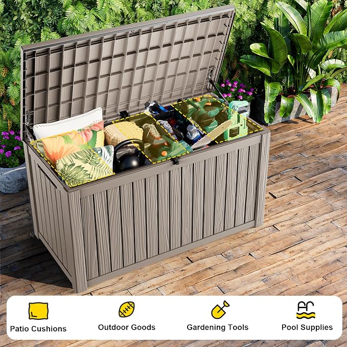 200 Gallon Outdoor Storage Box Waterproof, Resin Lockable Deck Box with Lid, Large Capacity Weatherproof Container for Patio Furniture Pool Accessories, Side Table(Grey, 200 Gallon)