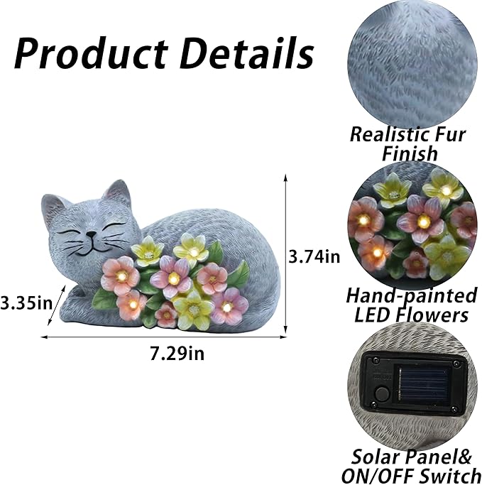 Solar Cat Garden Statue, Resin Solar Cat Lights with Flower for Outside, Outdoor Cats Statues for Lawn Porch Yard Art - Birthday Gifts for Mom Grandma Women