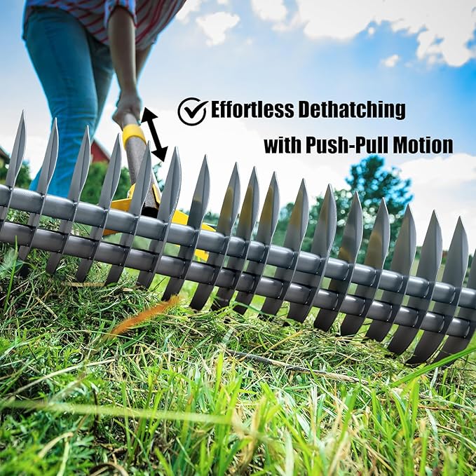 Heavy Duty Thatch Rake for Lawns -15" Dual-Action Dethatcher Thatching Rake with Sharp Blade for Dead Grass Removal,Soil Loosening,Lawn Dethatching,70" Manual Thatcher for Yard,Garden, Lawn