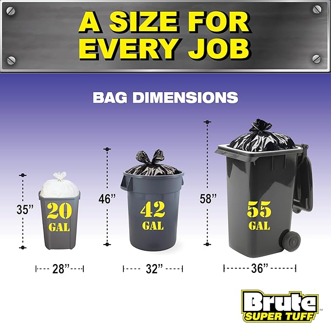 Brute Super Tuff Heavy Duty 2.0 MIL Contractor Bags, Large Trash Bags, Twist Tie Closure, Black, 42 Gallon, 20 Count