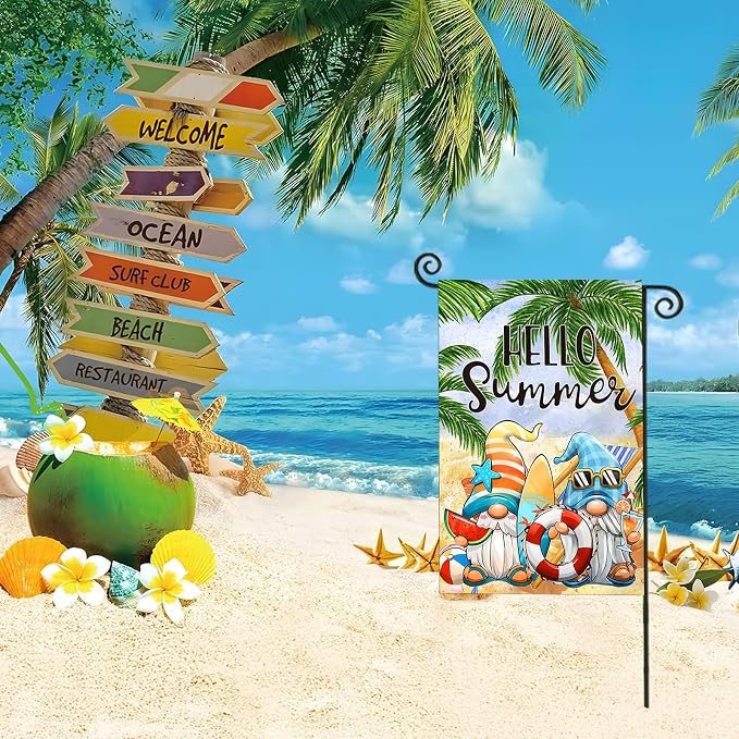 Hello Summer Garden Flags 12x18 Inch Double Sided, Cartoon Gnomes at The Beach Yard Decoration, Small Seasonal Outside Decor for Spring Outdoor Farmhouse Holiday