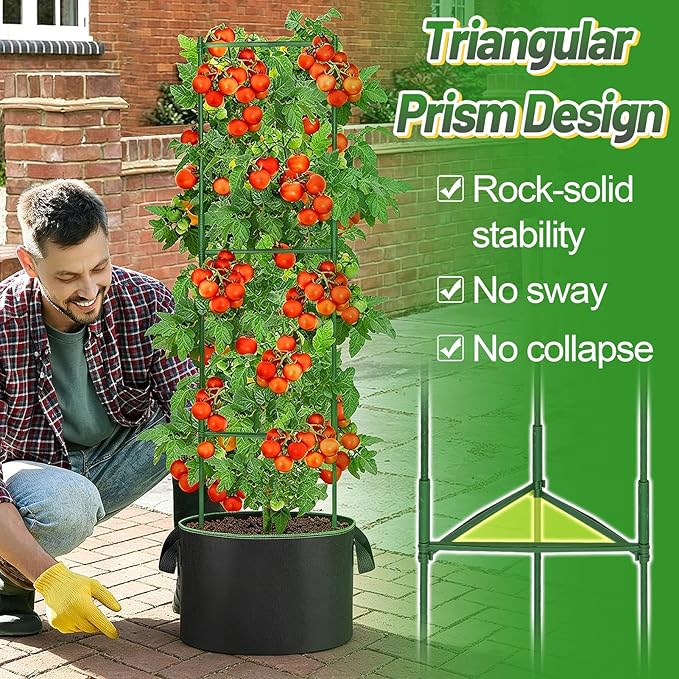 ANPHSIN Sturdy Triangle Tomato Cage with Movable 15 Gal Grow Bags - 3 Sets 47'' Plants Garden Trellis Planters, Support for Indoor Outdoor Beans, Peppers, Eggplants, Climbing Vegetables