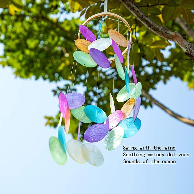 YUFENG Wind Chimes Outdoor Decor, Metal Memorial Windchimes Hanging Decoration for Garden Home Yard and Christmas Tree, 19.6''Rainbow Capiz Seashell Handmade Painted Coastal Mobile