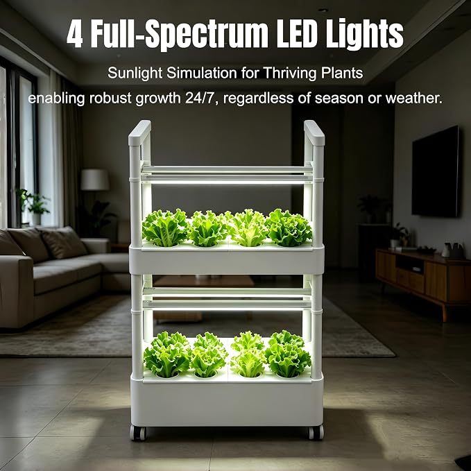 2-Tier 28-Hole Hydroponics Growing System with LED Grow Lights, 5.28Gal Indoor Hydroponic Grow Kit with Automatic Water Circulation, 4 Wheels for Vegetables, Herbs, Lettuce, White