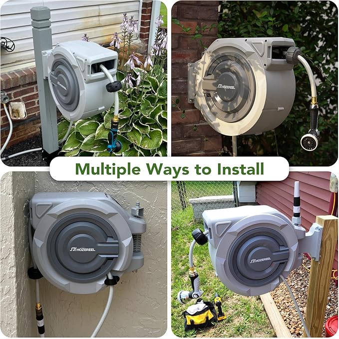 Retractable Garden Hose Reel 1/2"x 110ft, UV Resistant Hose Reels - Automatic Slow Self Retract Wall Mount Hose Reel Enclosed Storage, Any Length Lock 180° Swivel, 10 Pattern Nozzle