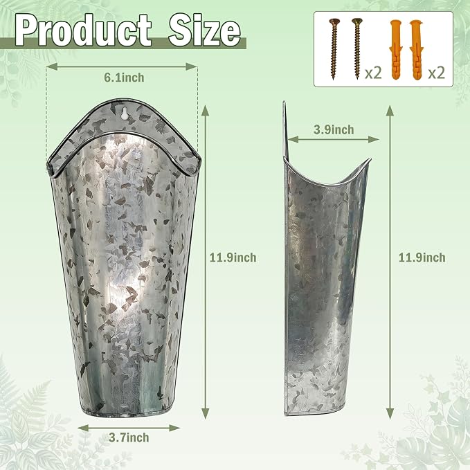 12 Inches Galvanized Wall Planters, Set of 2 - Metal Hanging Flower Buckets for Farmhouse Decor, Tall Tin Vases for Dried Flowers & Greenery, Indoor Outdoor Country Decor