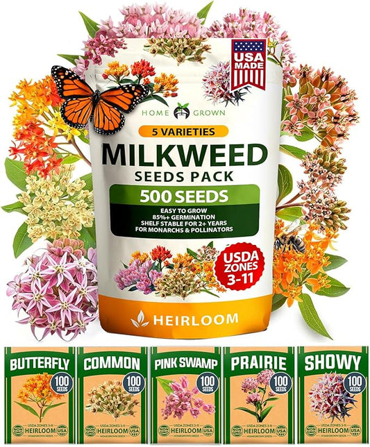 HOME GROWN Milkweed Flower Seeds - 500+ Heirloom Perennial Wildflower Seeds (5 Individual Varieties) Supports Monarch Habitat, Grows in Zones 3-11 (Asclepias syriaca)