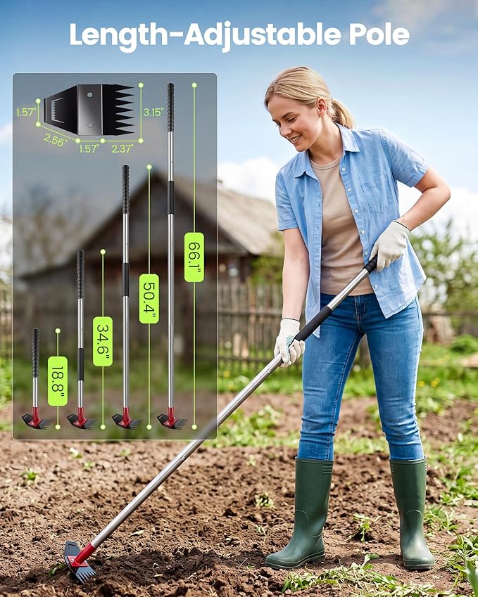 Weed Puller Tool with Long Handle, 2-in-1 Gardening Hand Tool Weeds Remover, 66-Inch Adjustable Handle, Manual Weeding Puller for Garden, Yard, Patio, Law