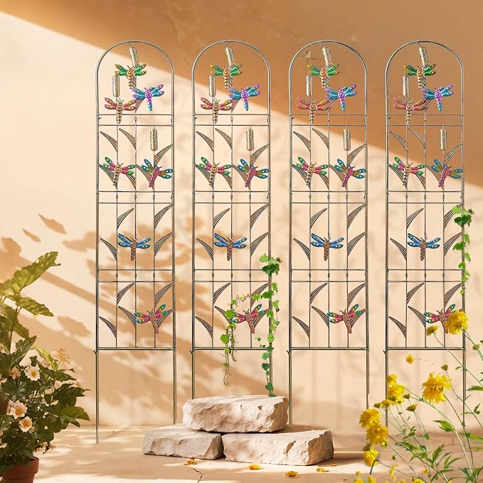 aboxoo Set of 4 Packs Dragonfly Metal Garden Trellis for Climbing Plants,Outdoor Decorative Flowers Arch Fence Trellis for Outdoor Patio,Garden,Lawn,Yard,Backyard,Wall Brackets,60'' H x 11'' W