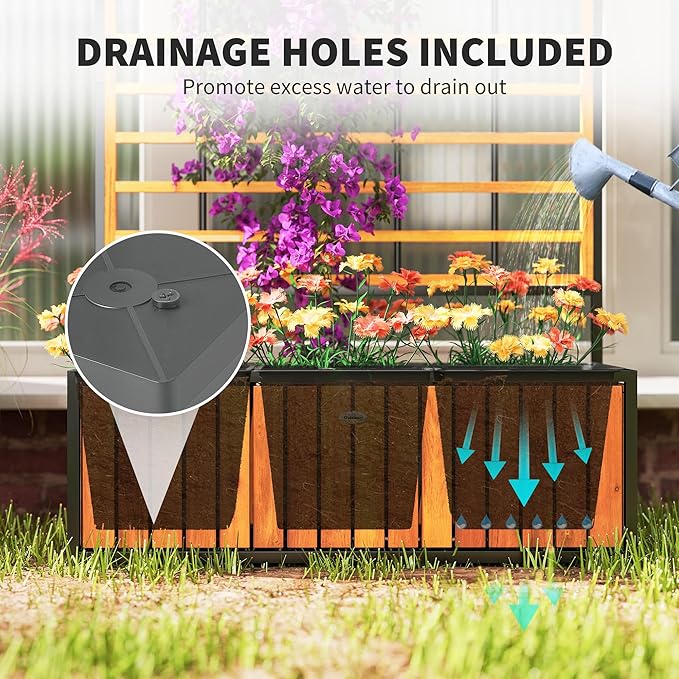 Outsunny Wooden Raised Garden Bed with Trellis, Removable Pots, Drainage Holes for Climbing Vines, Vegetables, Flowers, Raised Planter Box for Backyard, Patio, Balcony, 29 x 11 x 52 in., Teak