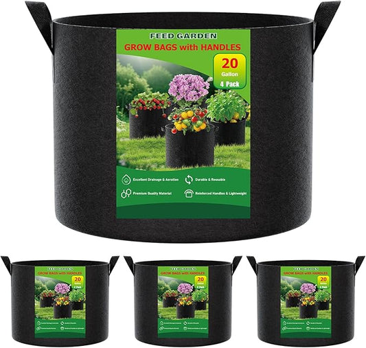 FEED GARDEN 20 Gallon Grow Bags 4 Pack – Heavy Duty 300G Thick Fabric Plant Pots with Reinforced Handles, Breathable Drainage Planters for Tomatoes, Potatoes & Large Vegetables Indoor Outdoor