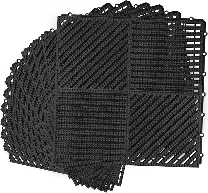 MYFAMIREA Modular Interlocking Cushion 12 Pack 11.8" x 11.8" Rubber Floor Tiles Non-Slip Splicing Drainage Mats for Deck, Pool, Shower, Patio, Balcony, Bathroom, Kitchen, Yard (2 Rows Dots, Black)