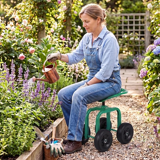 Rolling Garden Seat, Garden Cart with 360° Swivel Work Seat & Adjustable Height, Heavy Duty Garden Seat with Wheels for Lawn Yard Patio Greenhouse Planting Cleaning (Green)