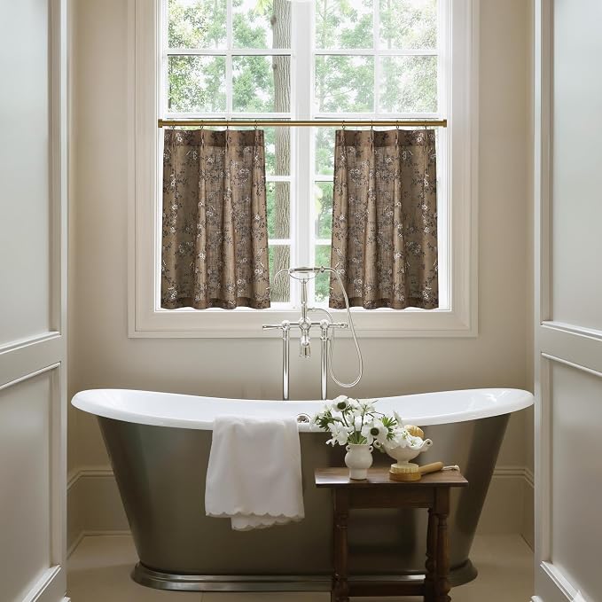 StangH Linen Pinch Pleat Cafe Curtains, Khaki Floral Warm Earth Tone Short Linen Curtains for Small Windows/Cabinet/Bathroom, Light Filtering Semi Sheer Privacy Tiers, W26 x L40, 2 Panels