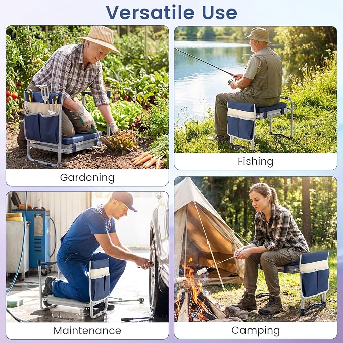 Giantex Garden Kneeler and Seat, Foldable Gardening Stool w/Wide EVA Foam Padding, Tool Pouch, Heavy-Duty Kneeling Bench for Knee & Back Pain Relief, Gardening Kit for Seniors Women Men (Navy)
