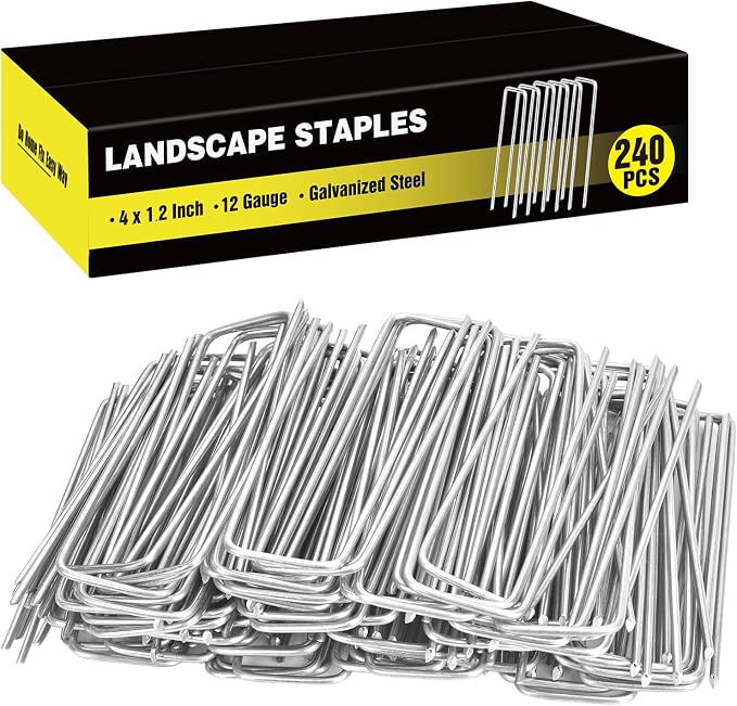 240 Pack 4 Inch Landscape Staples, Garden Staples 12 Gauge Galvanized Ground Stakes Lawn Yard Staples SOD U-Shaped Pins for Landscaping Fabric, Irrigation Tubing Hose