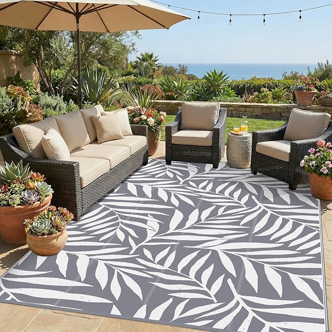 Smiry Outdoor Rug 8x10 ft, Waterproof Reversible Plastic Straw Rugs, Outdoor Area Rug with Leaf Pattern, Outside Floor Mat for Patio, Backyard, Deck, Picnic, Beach, Camping, Grey & White